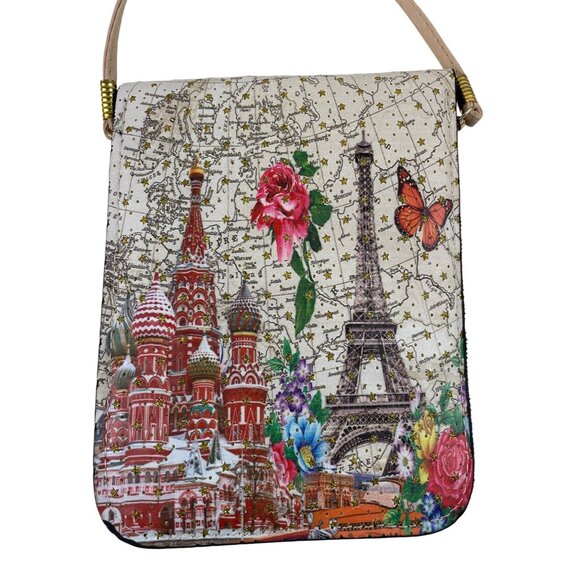 Paris & Moscow Map Print Crossbody Bag With Eiffel Tower & St. Basil's Cathedral - Picture 6 of 11